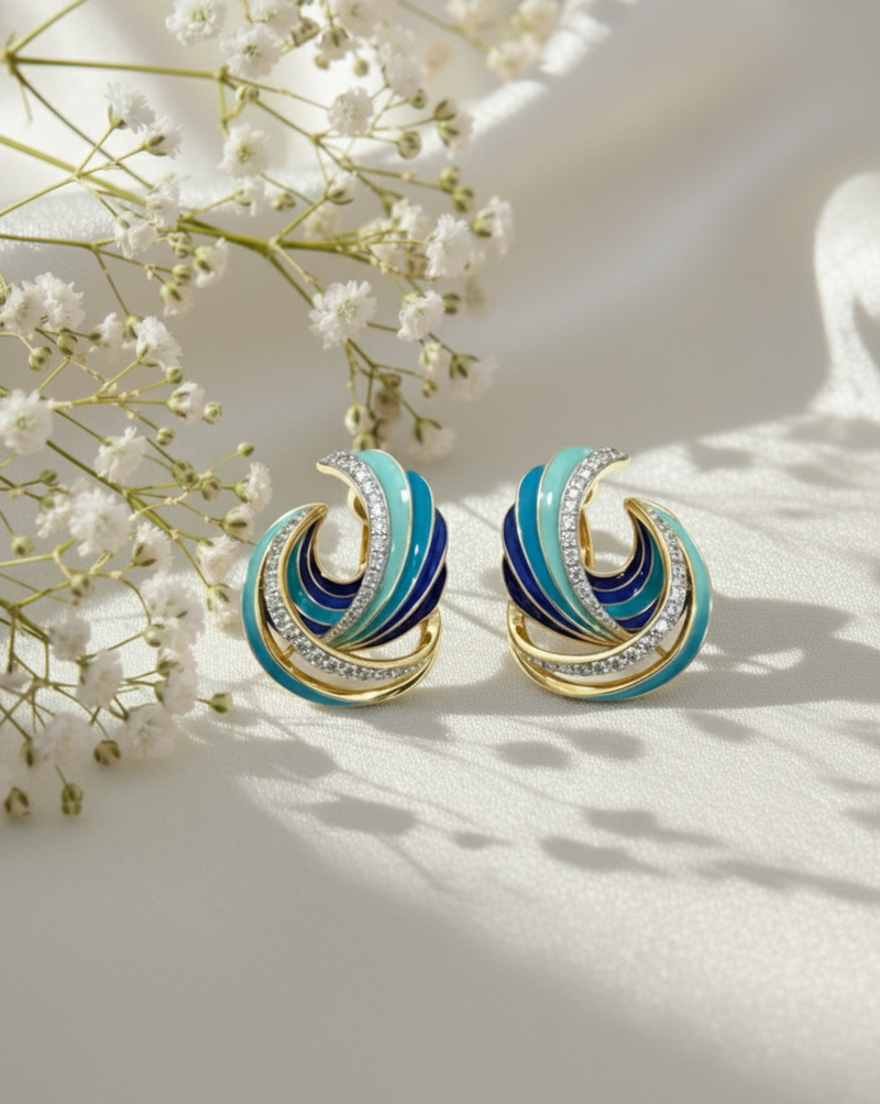 Wave Studs: 925 Sterling Silver Blue Enamel Earrings