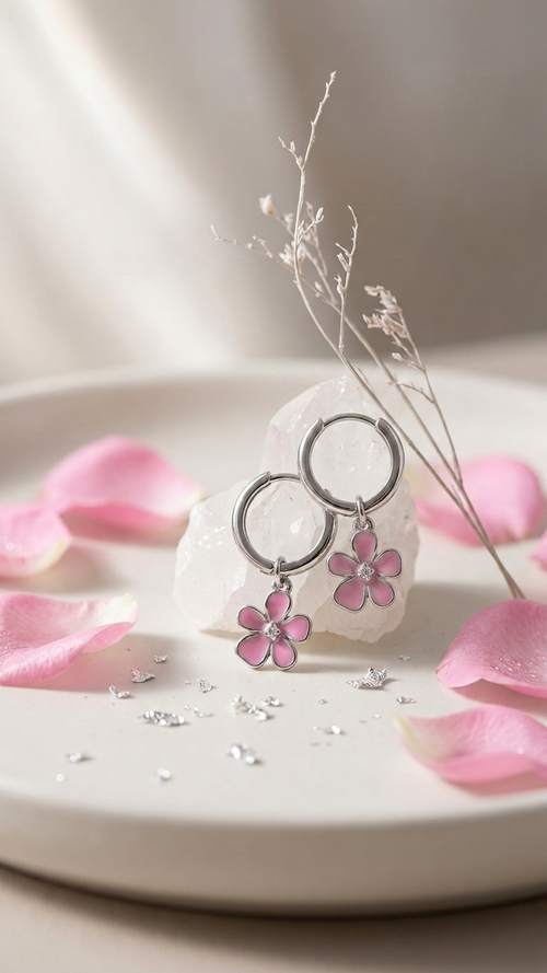 Blossom Drop Earrings: 925 Silver Pink Enamel Kids Earrings, view 2